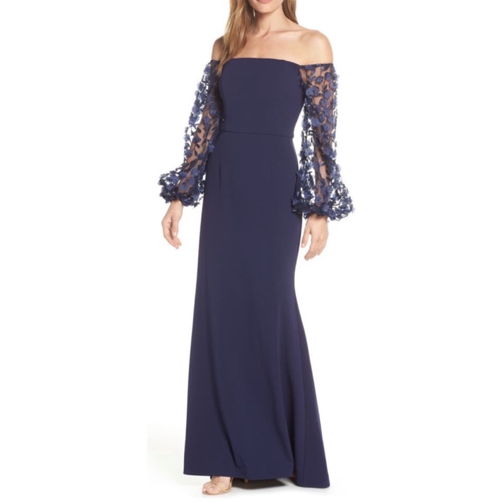 ELIZA J Off The Shoulder 3D Floral Sleeve Navy scuba crepe Blue Gown size 8 - Picture 12 of 13